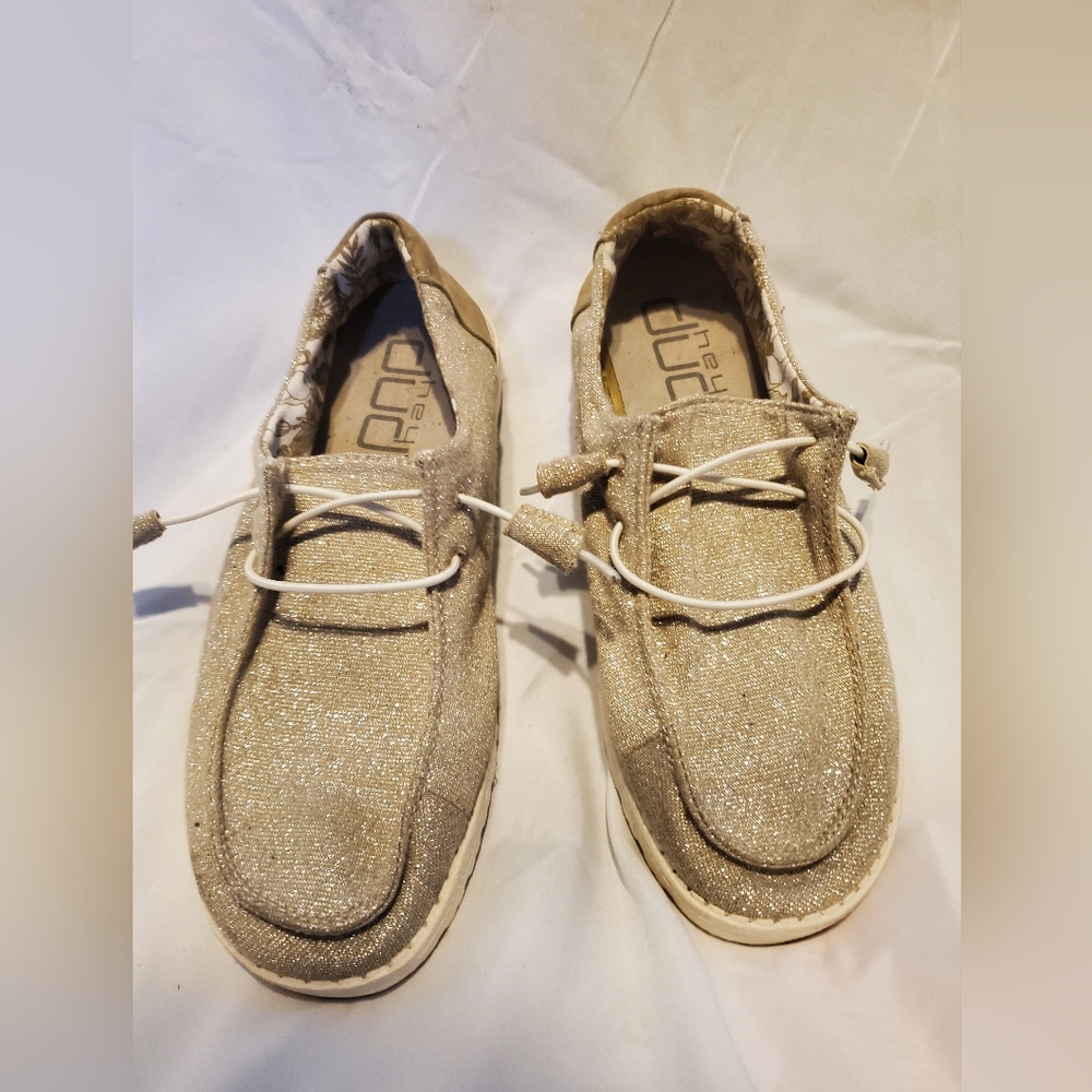 Hey Dude Gold and White Flats with Comfortable Fit and Moccasin Design